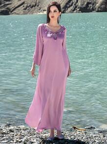 Layrah 休闲优雅长袖长裙，简约风格，适合日常穿着，卡夫坦和贾拉比亚，女士奢华晚礼服，端庄 - 粉色 - 查看 8