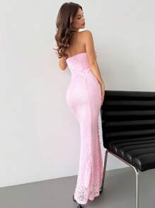 Firerie Robe moulante sirène élégante et raffinée pour femmes, style minimaliste romantique, parfaite pour la Saint-Valentin, les sorties, les fêtes, les mariages. Accentuée de dentelle, de volants et d'un nœud en velours. Couleur rose - Rose bonbon - Voir 7