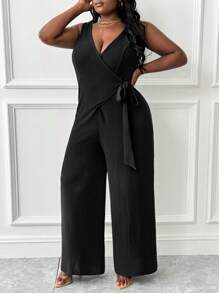 Slaydiva Plus Size Black Knitted Jumpsuit: Elegant V Neck, Sleeveless, Wrap Detail, And Long Length For A Chic Look - Black - View 6
