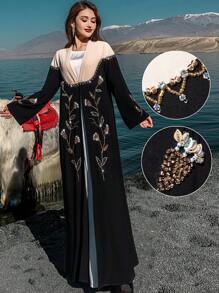Layrah Elegant Color Block Beaded Decor Open Front Modest Robe Abaya For Evening Party/Wedding Guest/Anniversary - Multicolor - View 1
