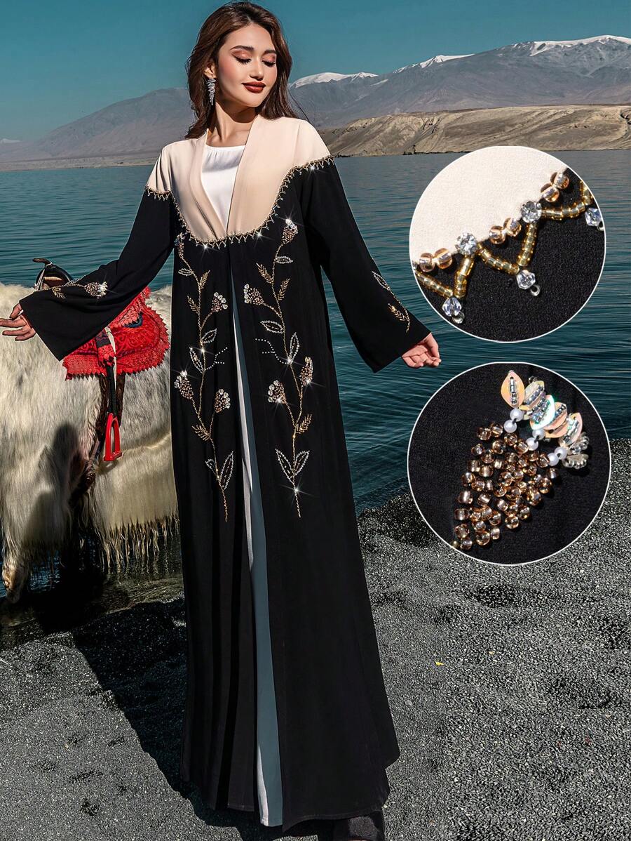 Layrah Elegant Color Block Beaded Decor Open Front Modest Robe Abaya For Evening Party/Wedding Guest/Anniversary - Multicolor - View 1