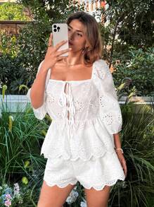 Flirla Plus Size Casual Solid Color Hollow Out Embroidery Top And Shorts Set - White - View 5