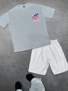 Manfinity EMRG Set de 2 piezas con camiseta de manga corta de cuello redondo con impresión de oso y letra, y shorts de unicolor para hombres - Gris Claro - Ver 2