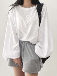 DAZY Solid Drop Shoulder Oversized Tee,Back To School Clothes Long Sleeve Women Tops - White - View 4