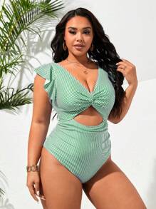 Swim Lushoire Maillot de bain une pièce sexy à la mode avec col en V rayé, taille ajourée, pour femmes grande taille. Tenue de vacances