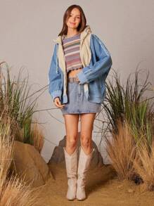 WESTFADE Western Mixed Media Denim & Fleece Hooded Long Sleeve Cowgirl Jacket - Light Wash - View 3