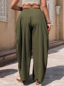 EMERY ROSE 大码女式宽松军绿色褶皱休闲裤 - 軍綠色 - 查看 3