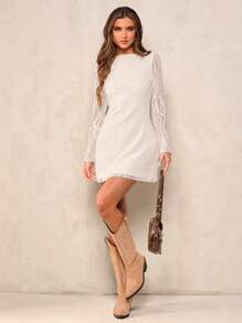 SHEIN BAE Vestido corto de mujer elegante con encaje transparente, puños de encaje con estampado de cebra y mangas de campana, sexy y atractivo, apropiado para festivales de música, carnavales, conciertos y salidas, con estilo bohemio - Beis - Ver 4