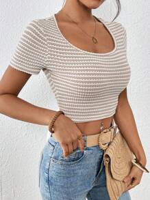 Chiquease 女士春夏休闲法式针织镂空条纹面料简约基本款蝴蝶结装饰修身短袖 T 恤，适合日常生活、度假、旅行、海滩、乡村、波西米亚风格