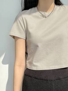 Dazy-Less Tee-shirt court col rond unicolore, tenue d'été décontractée chic pour femme au travail - Gris pâle - Voir 8