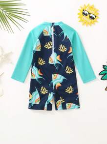 1pc Baby Boy Round Neck Contrast Color Long Sleeve Swimwear, Casual For Vacation