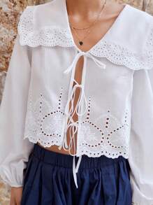 Maija Women's White Embroidered & Laser Cut Collared Top With Ruffle Sleeve Cuffs & Hem, Tie Front, Fashion Casual Beach Vacation Bohemian Style Blouse