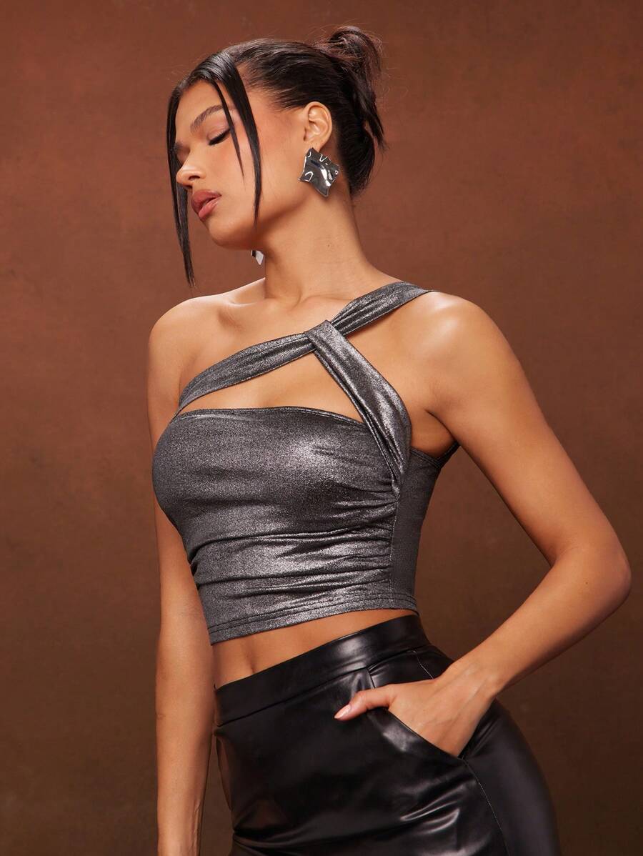 Hauture Summer Women, Women, Sexy Silver Foil Glitter Mesh Asymmetrical Neck Crop Top, Women Tops, Summer Tops, Going Out Tops, Sexy Women Tops, Summer Women Tops. For Date Night, Concerts, Performances, Parties, Clubs, Music Festivals, Vacation - Silver - View 1