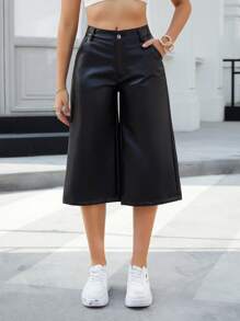 Mittellanges Hose aus PU-Leder, modisch & elegant, lässige Bürokleidung, einfarbig, vielseitig, weite 3/4 Hose, Neuheit für den Sommer - Schwarz - Übersicht 4