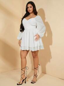 SHEIN BAE Vestido holgado de manga larga ligeramente transparente de color blanco sólido para mujer talla grande, apropiado para vestido de graduación, vestido de cumpleaños, vestido de fiesta, vestido de noche, vestido de dama de honor, vestido de concierto, vestido de vacaciones, vestido de oficina, vestido de boda, vestido de club, vestido de graduación - Blanco - Ver 2