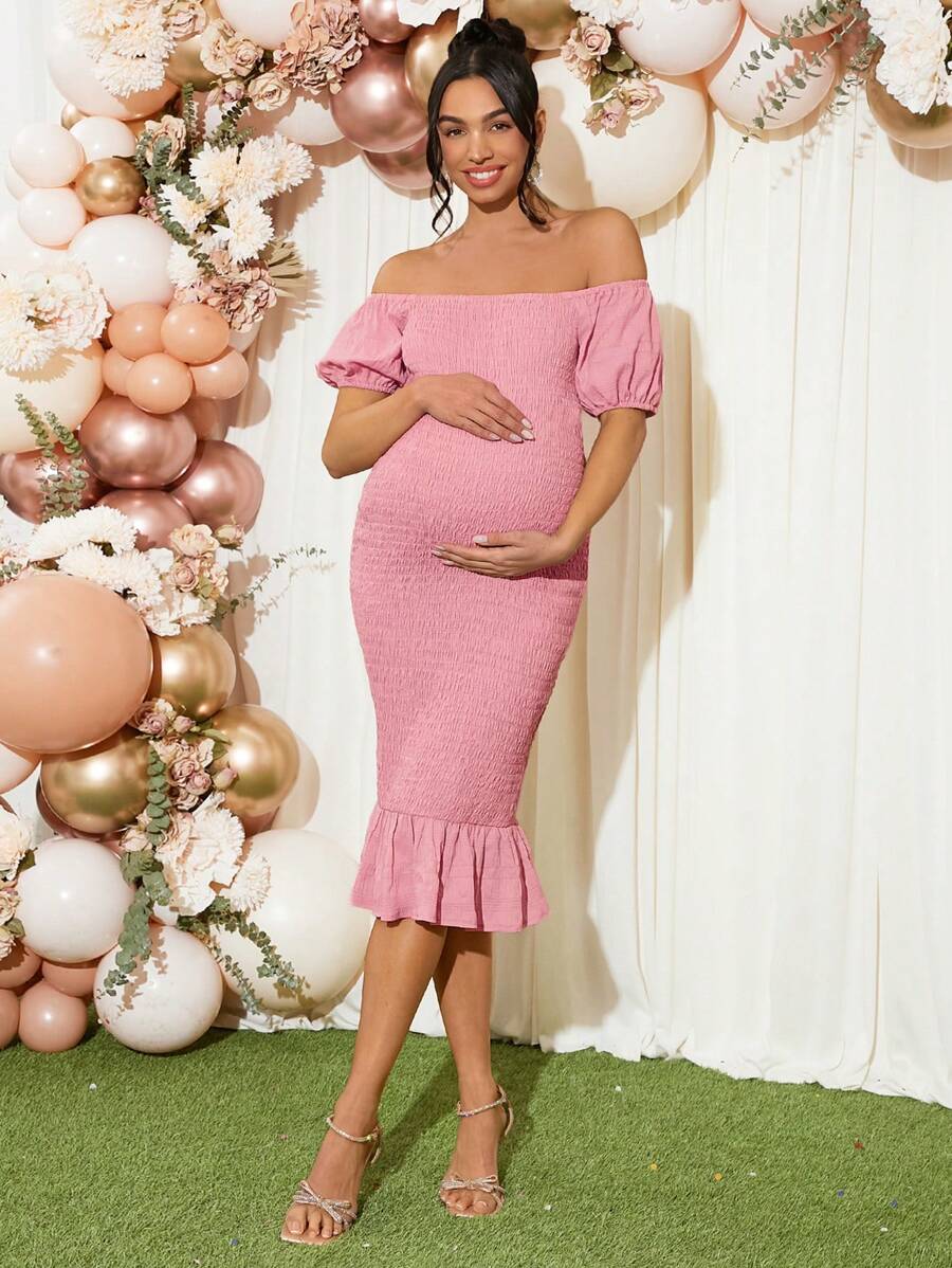 Loomaby Solid Color Off-Shoulder Mermaid Hem Maternity Dress, Elegant For Summer Pregnancy,Maternity Dress Baby Shower