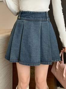 DAZY 1pc Women Solid Color Pleated Corduroy Mini Skirt - Dark Wash - View 4