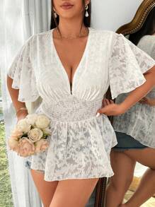 Flirla Blusa elegante de gasa blanca con mangas con volantes y escote calado para mujer de talla grande, ideal para vacaciones