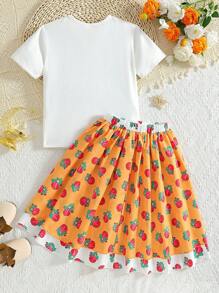 Tween Girl Ramadan Cartoon Print Short Sleeve T-Shirt And Rose Print Color Block Skirt 2 Pieces Set - Multicolor - View 2