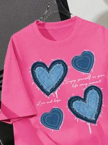 SHEIN EZwear 加大码女式心形图案圆领短袖 T 恤，休闲宽松套头衫，加大码，适合夏季 - 玫紅色 - 查看 4