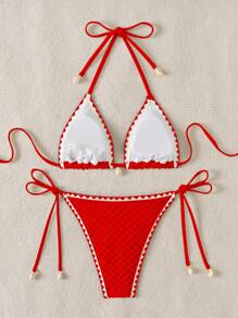 Swim Mod Spring Break Solid Color Halter Bra Swimwear Top & Side Tie Triangular Bikini Bottom For Summer Beach Vacation