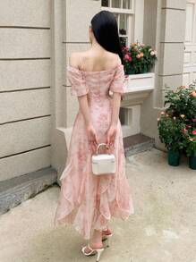 DAZY Ladies Floral Printed Off Shoulder Chiffon Dress Summer Sundress - Pink - View 5