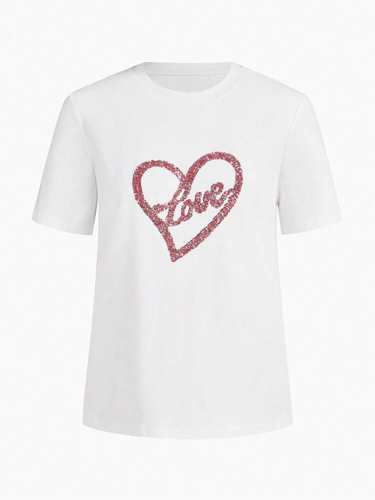 MOTF STUDIO SEQUIN HEART PATTERN SHORT SLEEVE T-SHIRT,VALENTINE'S DAY,SPRING/SUMMER