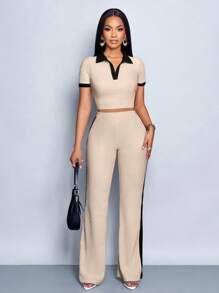 SOLERSUN Áo thun polo tay ngắn cổ bẻ màu sắc thường ngày mùa hè cho nữ Quần ống loe Bộ 2 món cho nữ - Màu be - Xem 6