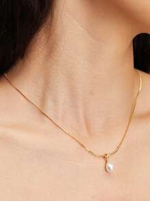 1件优雅精致的仿珍珠绳项链，末端饰有月亮吊坠，锁骨链，圣诞节冬季礼物 - 金黃色 - 查看 4