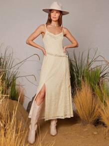 WESTFADE 西部春季纯色蕾丝无袖吊带吊带连衣裙夏季海滩度假音乐节服装 - 杏色 - 查看 3