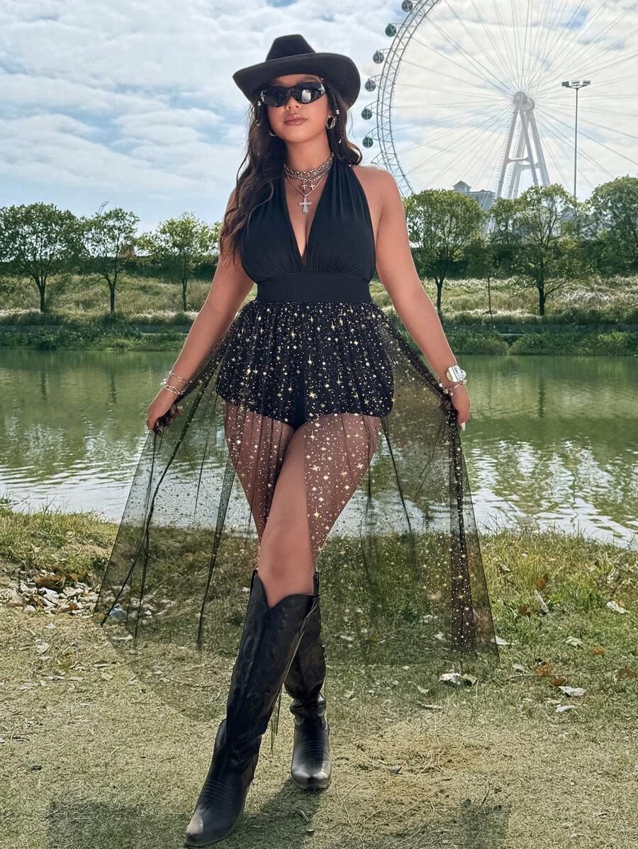 Flirla [Festival, Boho, Hippie, Cowgirl Outfit, Old Money] Sexy Fashion Women's Black Foil Print Mesh Halter Tie-Up Jumpsuit Maxi Dress With Slit