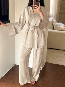 DAZY Spring Elegant Satin Belted Robe & Pants Pajama Set, Sleepwear Suit, Fall Winter Clothes Pajama - Apricot - View 4