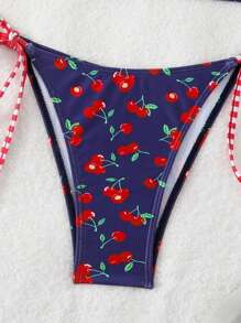 Swim Mod Springbreak 2pcs Women Casual Beach Party Spaghetti Strap Textured Fabric Cherry Print Tank Top And Bikini Swimwear Set