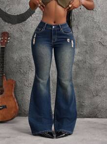 SHEIN ICON Jeans casuales y versátiles con bolsillo y efecto desgastado para mujer