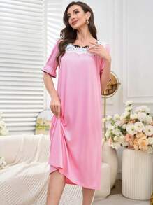 Lose Spitzen Patchwork Farbblock Damen Nachthemd, romantischer Stil aus Südfrankreich - Pink - Übersicht 6