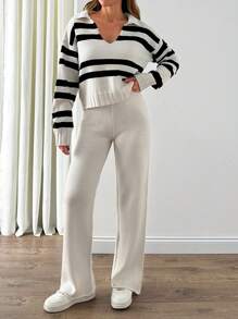EURMUSE 女士条纹针织毛衣和罗纹慢跑裤套装 - 黑白上衣搭配奶油色裤子，非常适合秋冬季节。 - 米色 - 查看 3