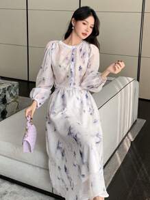 DAZY 2 Stück/Set Damen Blume Muster Rundhals Puffärmel Bluse mit Gürtel & Rock, Herbst Damenkleidung - Blau - Übersicht 9