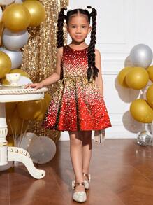 SHEIN Young Girl V-Neck Bow Decor Sleeveless Christmas Party Dress
