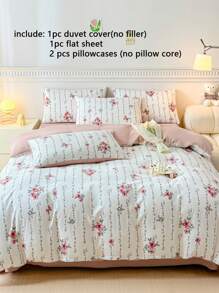 4pcs Bedding Set, Pink Floral And Camel Striped Reversible Duvet Cover Set, Suitable For All Seasons, Pastoral Style (Includes 1 Duvet Cover, 1 Bed Sheet, 2 Pillowcases, Without Filler)