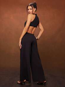 Hauture Women's Solid Color Waist Cutout Wide Leg Halter Jumpsuit