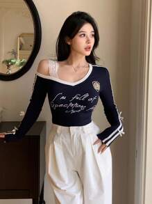 DAZY Gerippter Saum Kontrast Farbblock Schleife Dekor Off-Shoulder Langarm Damen T-Shirt, College Sport Stil, Herbstkleidung