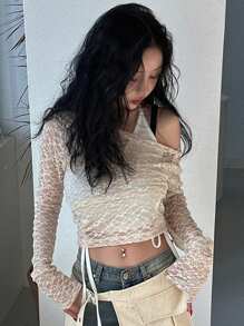 DAZY 女士蕾丝透视斜肩衬衫，春夏季节日长袖女士上衣，秋季女士服装 - 杏色 - 查看 7