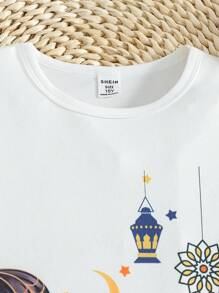 Tween Girl Ramadan Cartoon Print Short Sleeve T-Shirt And Rose Print Color Block Skirt 2 Pieces Set - Multicolor - View 7