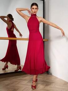 Mulvari Elegant Solid Color Backless Halter Neck Dress, Comfortable Dance Wear Latin Dancewear  Ballet Tutus Ballroom Dance Dresses/Skirts Dancewear/Dance Costumes/Dance Dresses/Dance Skirts
