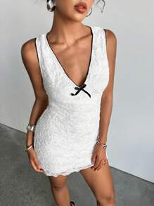 Aloruh Color Block Trim Textured Lace Bow Decor Sleeveless Mini Dress - White - View 4