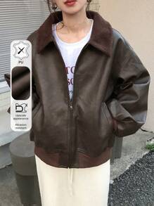 FRIFUL 女士长袖夹克，前拉链，带口袋，仿羊羔绒领拼接，秋冬季皮夹克 - 棕色 - 查看 9