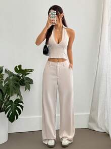 Flirla 女士套装：深 V 领上衣和高腰直筒裤