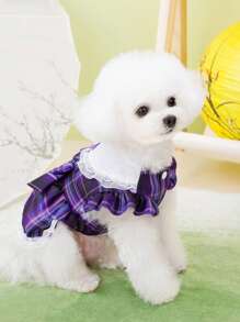 PETSIN 经典格子 JK 优雅裙子，带有异想天开的蕾丝和分层设计，装饰蝴蝶结可拆卸皮带，春夏