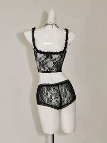 SHEIN ICON 超低腰蝴蝶结蕾丝黑色短裤 - 黑色 - 查看 2