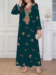 Al Najma 女士优雅定位印花阿拉伯风格长袖 V 领连衣裙，端庄的卡夫坦 - 墨綠色 - 查看 4